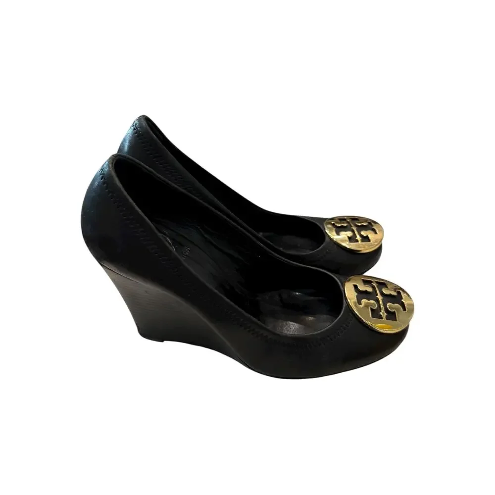 Tory Burch Sophie Logo Wedge Pumps Black Leather Women’s 6.5M